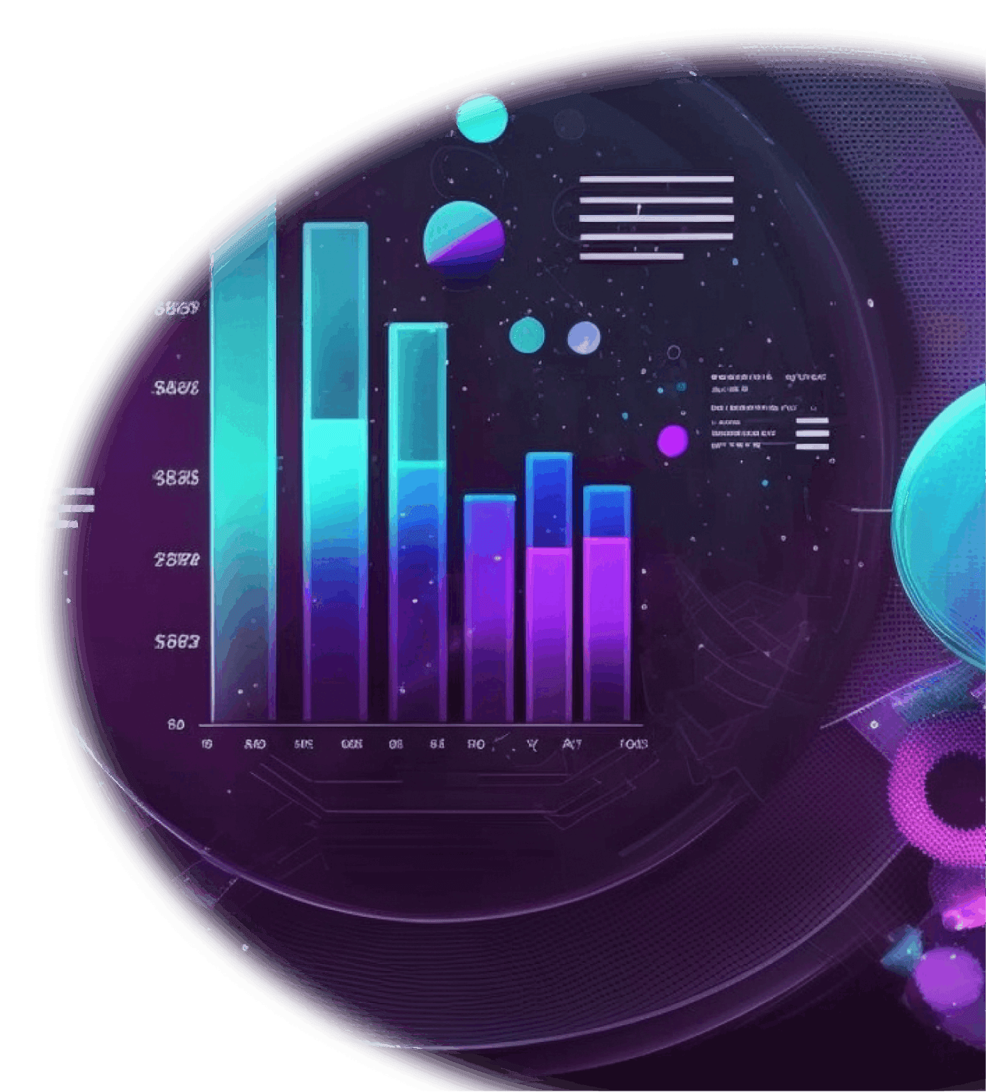 An AI-generated collage of information graphics and data charts in blue and purple colors with transparent glass knobs on top