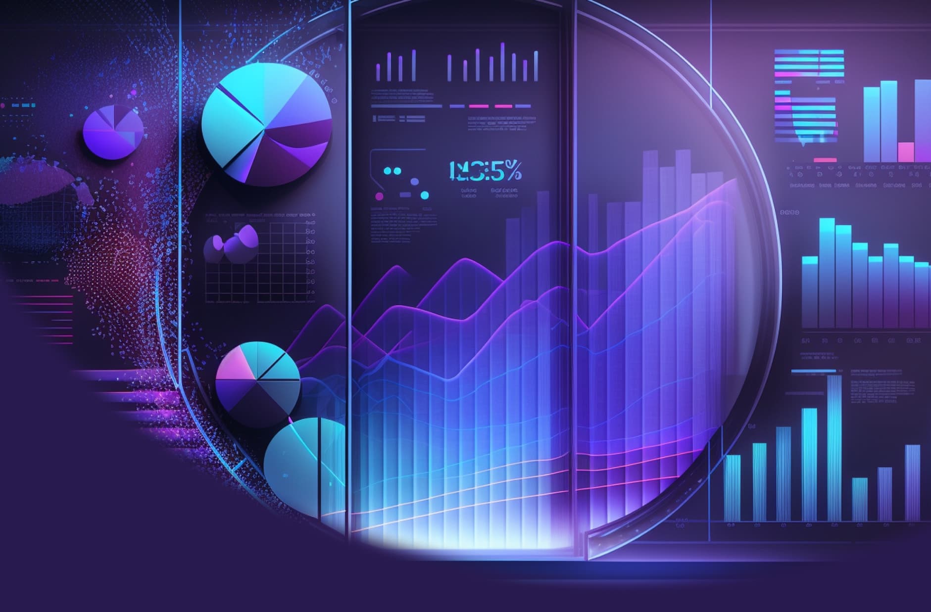 An AI-generated collage of information graphics and data charts in blue and purple colors shown on desktop